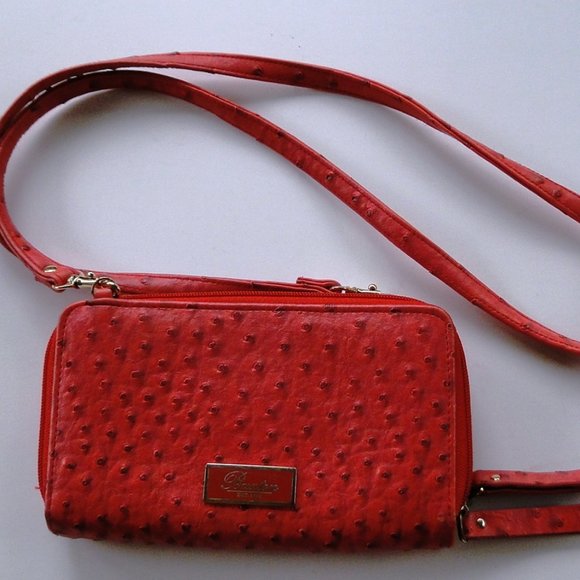 Buxton Red Pebble Leather Organizer Mini Crossbody Clutch Purse - Picture 1 of 5